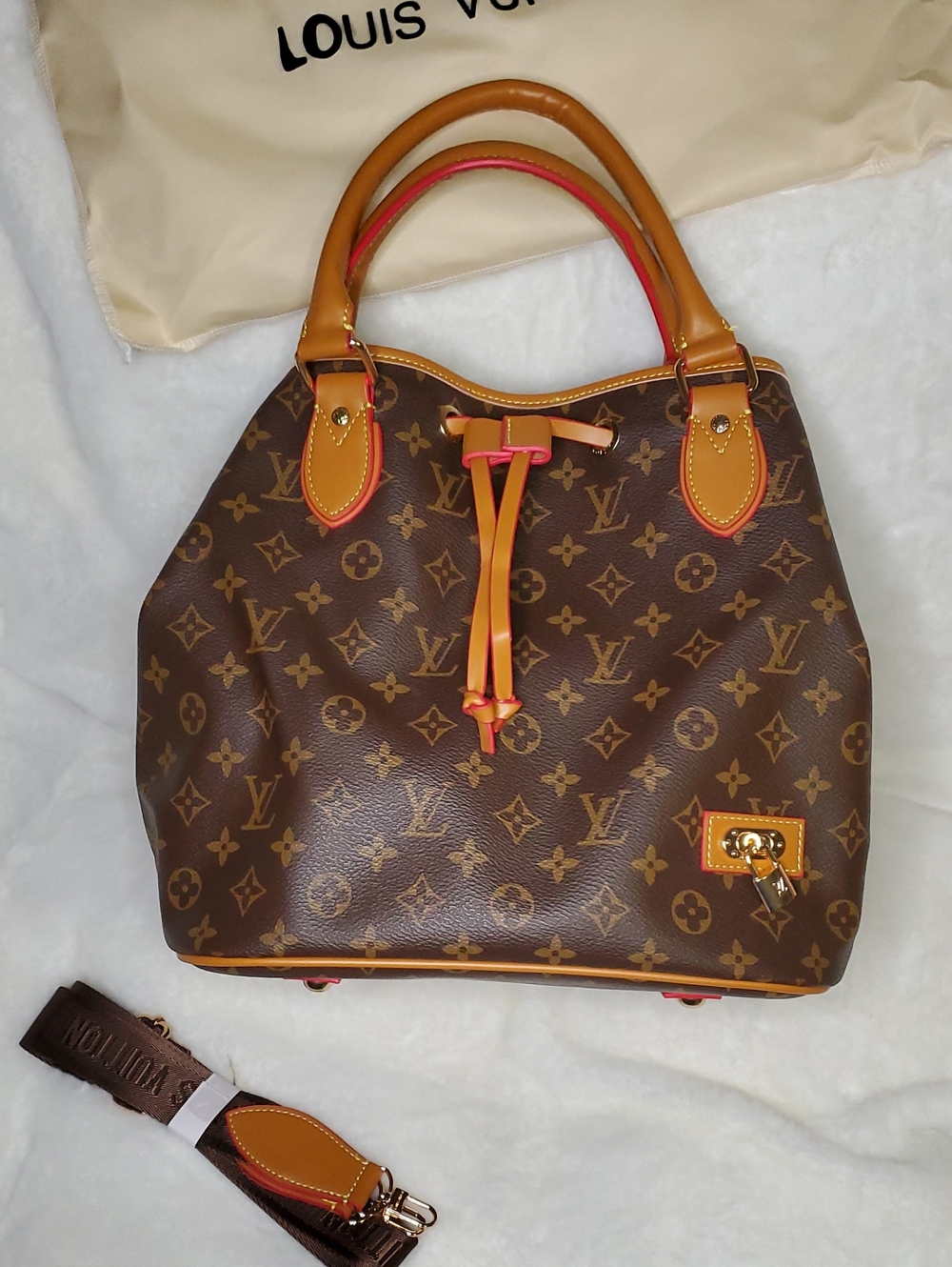LV Brown Monogram Drawstring Tote with Pink-Trim Handles